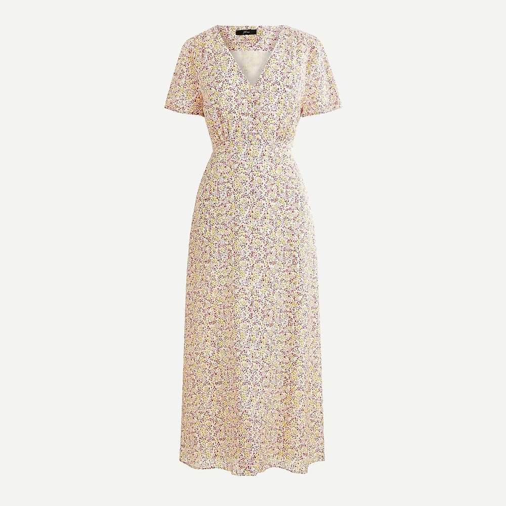 NWT J. Crew V-Neck Midi Dress Field Day Print Pleated Floral White Ivory Pink